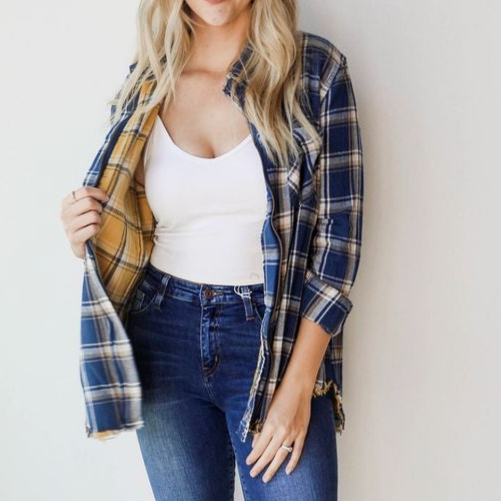 C'isa Plaid 100% Cotton Double Layer Full Zip Shirt Jacket Sz Small Like New